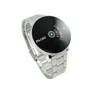Stainless Silver Band PAIDU Quartz Wrist Watch Black Turntable Dial Mens Gift