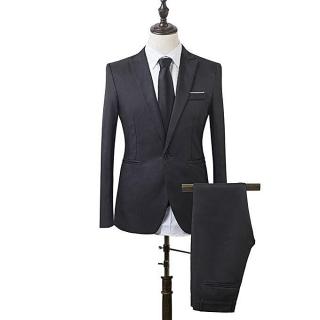 Men Slim Fit Business Leisure One Button Formal Two-Piece Suit For Groom Wedding-Black