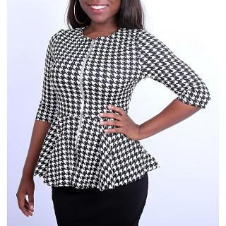 Check Peplum Top With Front Zip