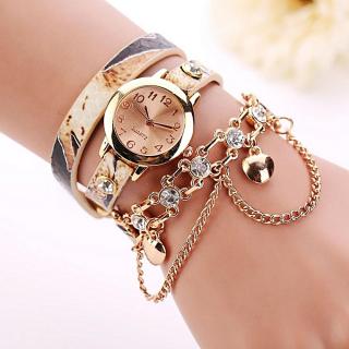 Byfun Woman Leather Rhinestone Rivet Chain Quartz Bracelet Wristwatch Beige