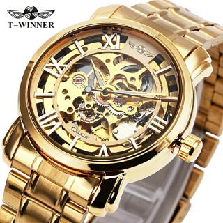 WINNER WINNER 341 Luxury Men Automatic Mechanical Watch Stainless Steel Strap Skeleton Dial Roman Number Golden Wristwatch Christmas Gift