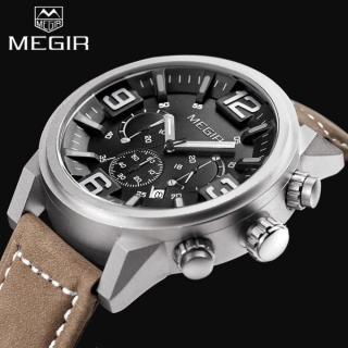 MEGIR New Fashion Casual Quartz Watch Men Large Dial Waterproof Chronograph Releather Wrist Watch Relojes Free Shipping 3010