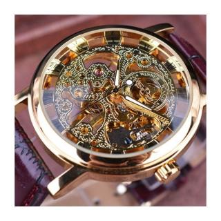 Winner Royal Carving Skeleton Brown Leather Strap Transparent Thin Case Skeleton Design Watch Watches Men Luxury Brand Clock Men