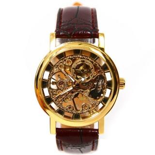 Winner Men's Self-winding Mechanical Skeleton Auto Wrist Watch - Golden Dial+Coffee Band