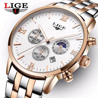 LIGE Fashion Mens Watches Top Brand Luxury Moon Phase Full Steel Quartz Watch Man Sports Waterproof Watches Relogio Masculino 9807