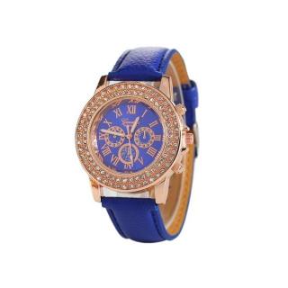 Lady Quartz Diamond Leather Analog Wrist Simple Watch Round Case Watch-Blue