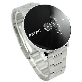 Stainless Silver Band PAIDU Quartz Wrist Watch Black Turntable Dial Mens Gift