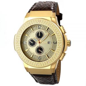 JBW Saxon Men's Gold Plated 16 Diamonds Leather Band Watch [JB-6101L-E]