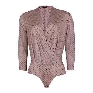 Long Sleeve Drape Bodysuit Blouse - Peach Polka