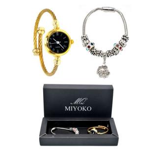 Miyoko Stainless Steel Watch - GOLD  + Snake Chain Bead Barrel Clasp Bracelet -Silver