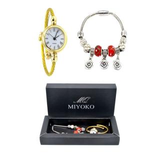 Miyoko Stainless Steel Watch - GOLD  + Snake Chain Bead Barrel Clasp Bracelet -Silver