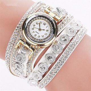 Vintage Lady Rhinestone Decor Round Dial Analog Quartz Wrist Watch Bracelet-White