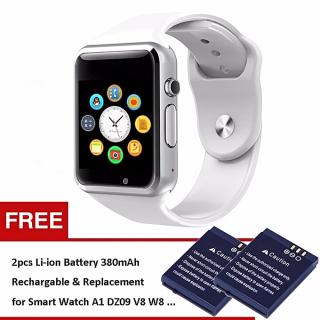Smart Bluetooth A1 Smart Watch With Sport Pedometer Camera SIM Micro SD Memory Connectivity With IPhone Android Phone MG0053 (White/Silver) (Free 2pcs Li-ion Battery For Smartwatch A1 DZ09 W8 V8) HT