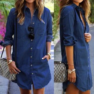 ZANZEA Women Denim Mini Dress Ladies Casual Loose Long Sleeve Buttons Pockets Vintage Shirt Dresses Vestidos (Denim Blue)