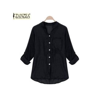 ZANZEA Korean Style Women Linen Shirts Thin V-Neck Long Sleeve Blouse Casual Tops Blusas (Black)