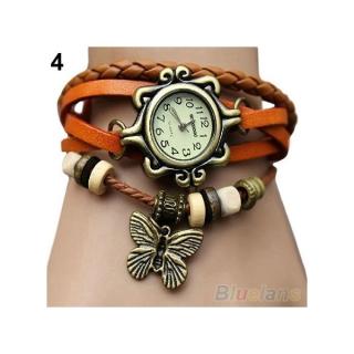 Womens Retro Faux Leather Bracelet Butterfly Decoration Quartz Wrist Watch-Orange