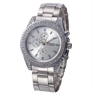 Women Diamond Metal Band Analog Quartz Fashion Wrist Watch-Silver