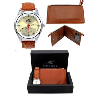 Miyoko Leather Watch  + Miyoko PU Leather Wallet Bundle -Camel