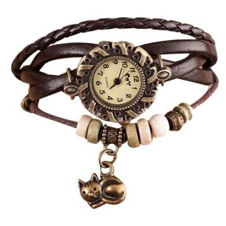 Quartz Weave Around Leather Cat Bracelet Lady Woman Wrist Watch-Brown