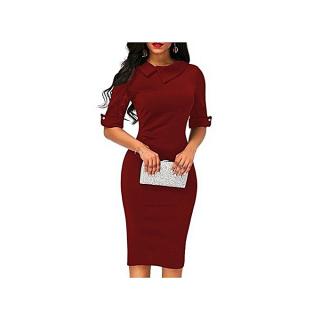 Fashion Women Retro Below Knee Formal Office Dress Pencil Dress With Back Zipper Wine red