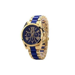 Unisex Classic Roman Numerals Bracelet Strap Quartz Wristwatch - Gold/Blue