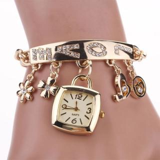 Hiamok_Fashion Women Love Rhinestone Chain Bracelet Wrist Watch Square Watch GD