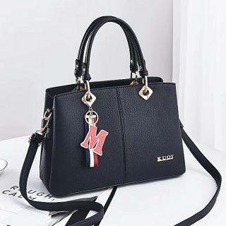 Leather Handbag With Leather M Pendant - Black