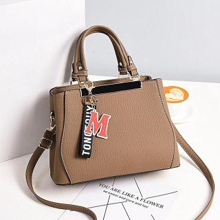 Leather Handbag With Letter M Pendant - Khaki