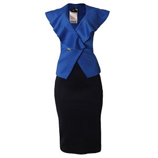 Overlay Buttoned Jacket/Skirt Set - Blue/Black