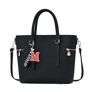 Large Capacity Handbag With Letter M Pendant -Black