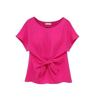 Women's Crewneck Tie Front Bow Chiffon Blouse Tops-Rose-Red