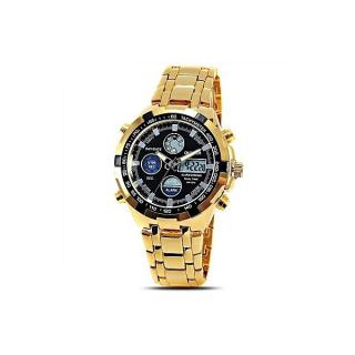 New Executive Quamer Digital/Analogue Hybrid Black Dial Men's Chain Watch-Gold