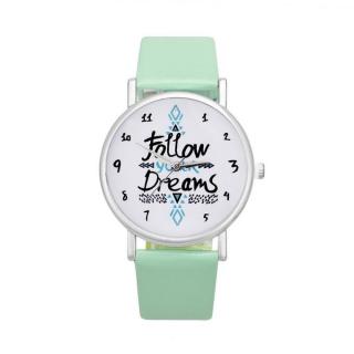 Hiamok_Women Follow Dreams Words Pattern Leather Watch Mint Green