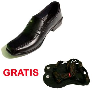 EWN Sepatu Pantofel Pria / Sepatu Kerja Pria / Sepatu Formal - Hitam + GRATIS Sandal Gunung Pria