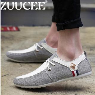 Zuucee Fashion Pria Slip-ONS Flat Pantofel Kasual Tali Sepatu Kulit Rendah Sepatu Korea (Biru) 【Free Shipping】