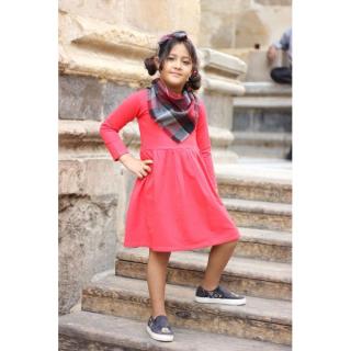Girls Long Sleeves Dress With Plaids Scarf - Watermelon