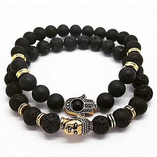 Handmade Lava Stone Matte Onyx Buddha & Hamsa Men'S Yoga Beaded Energy Bracelet Black And Gold