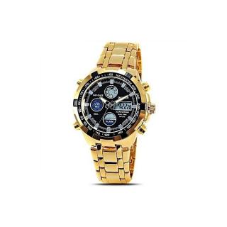 Men's Water Resistant LCD Digital/Analogue Hybrid Black Dial Watch-Gold