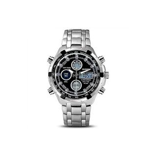 New Executive Quamer Digital/Analogue Hybrid Black Dial Men's Chain Watch-Silver