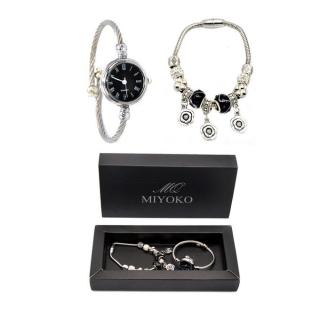 Miyoko Stainless Steel Watch - Silver+ Snake Chain Bead Barrel Clasp Bracelet -Silver