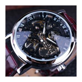 Winner Royal Carving Skeleton Brown Leather Strap Transparent Thin Case Skeleton Design Watch Watches Men Luxury Brand Clock Men