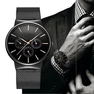 Hiamok_Mens Fashion Classic Black Quartz Stainless Steel Wrist Watch