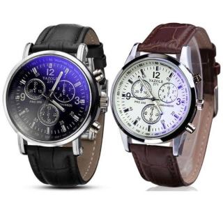 Tectores Fashion Trend2PC Luxury Faux Leather Mens Blue Ray Glass Quartz Analog Watches