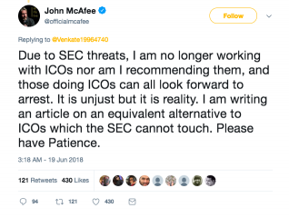 John McAfee Won't Promote ICOs Anymore Because of 'SEC Threats'