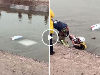 Firefighter dives to save woman from submerged vehicle (Video)
