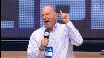 Clippers’ owner Steve Ballmer pumps up the Seattle crowd ahead of neutral site preseason game