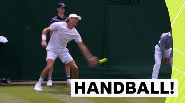 Wimbledon 2023: Max Purcell uses his hand to hit the ball in rally against Andrey Rublev