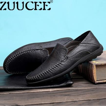 Zuucee Pria Ukuran Besar Sepatu Mengemudi Loafer Selip-On Sepatu Asli Kulit Sepatu (Hitam)-Internasional