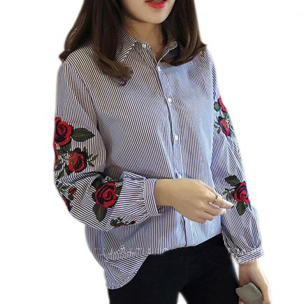 Mulheres da moda Floral Blusa Bordado Lanterna Manga Longa Camisa Casual Primavera Outono Tops JL