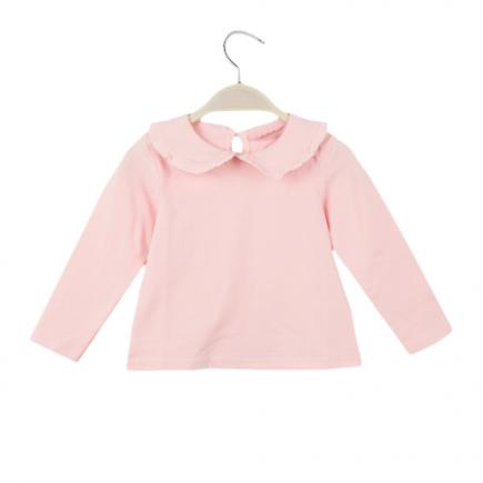 Novo bebê fofo menina t-shirt Peter Pan Collar Keyhole botão manga longa volta doce Top branco/rosa